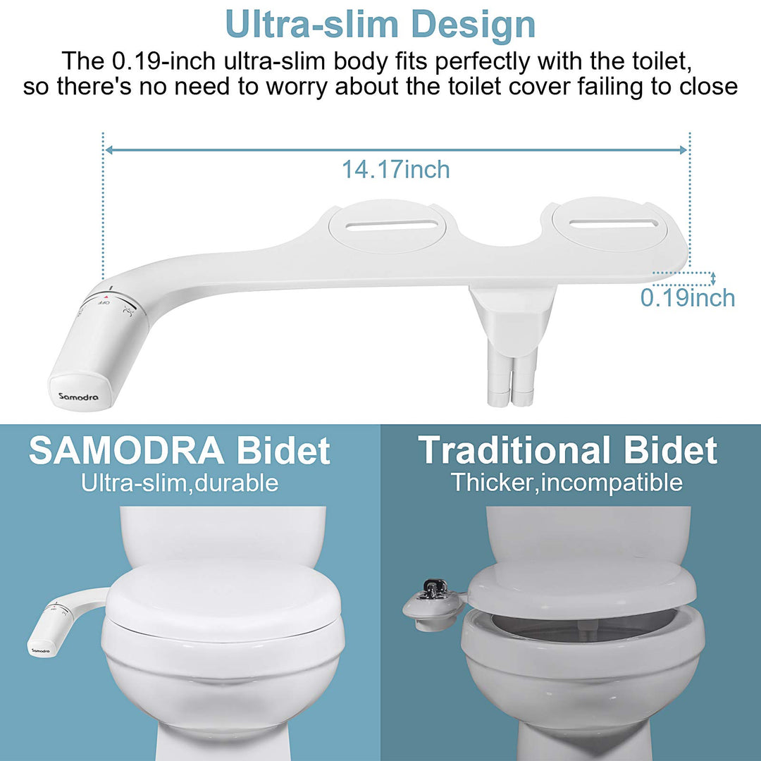 SAMODRA Self Cleaning Bidet for Toilet, Ultra-Slim Single Nozzle Bidet Attachment for Toilet with Adjustable Water Pressure, Fresh Water Non-Electric Bidet，Minimalist Bidet Ease of Use