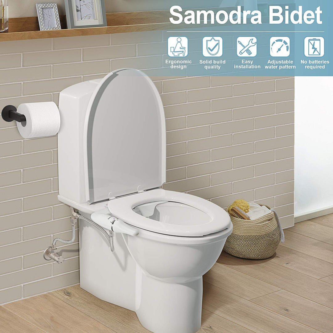 SAMODRA Ultra-Slim Bidet Attachment, Non-Electric Dual Nozzle (Frontal & Rear Wash) Adjustable Water Pressure Fresh Water Bidet Toilet Seat Attachment with Brass Inlet, Easy to Install (White-Silver)